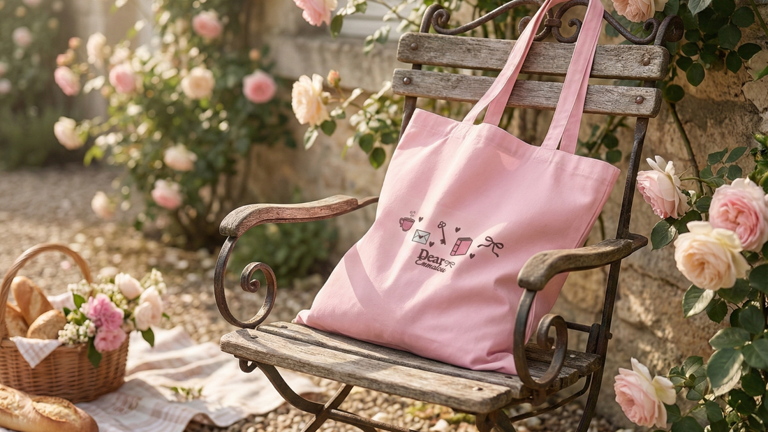 An embroidered pink tote bag with a book, key, sparkles, and letter embroidered from Dear Emmalou.