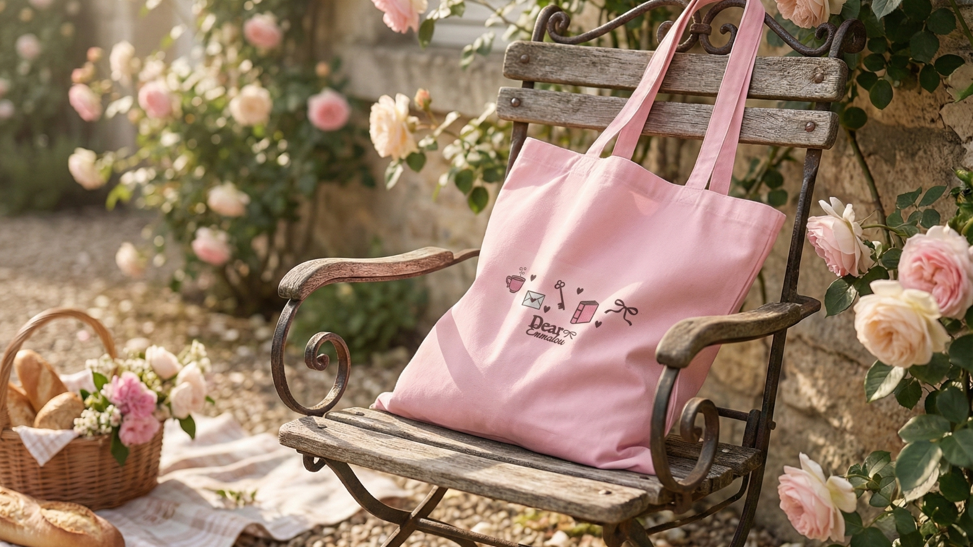 An embroidered pink tote bag with a book, key, sparkles, and letter embroidered from Dear Emmalou.