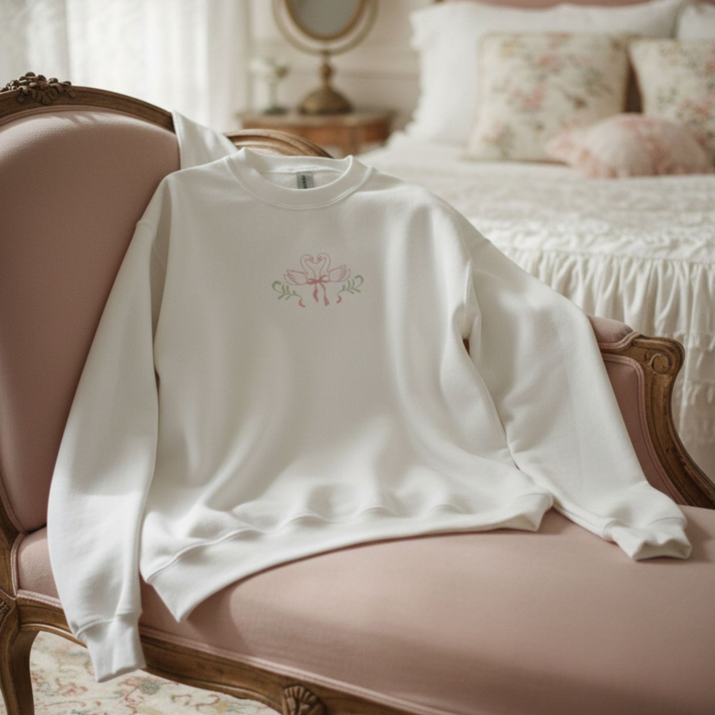White sweatshirt with floral swan bow embroidery on a pink chair in a bedroom setting