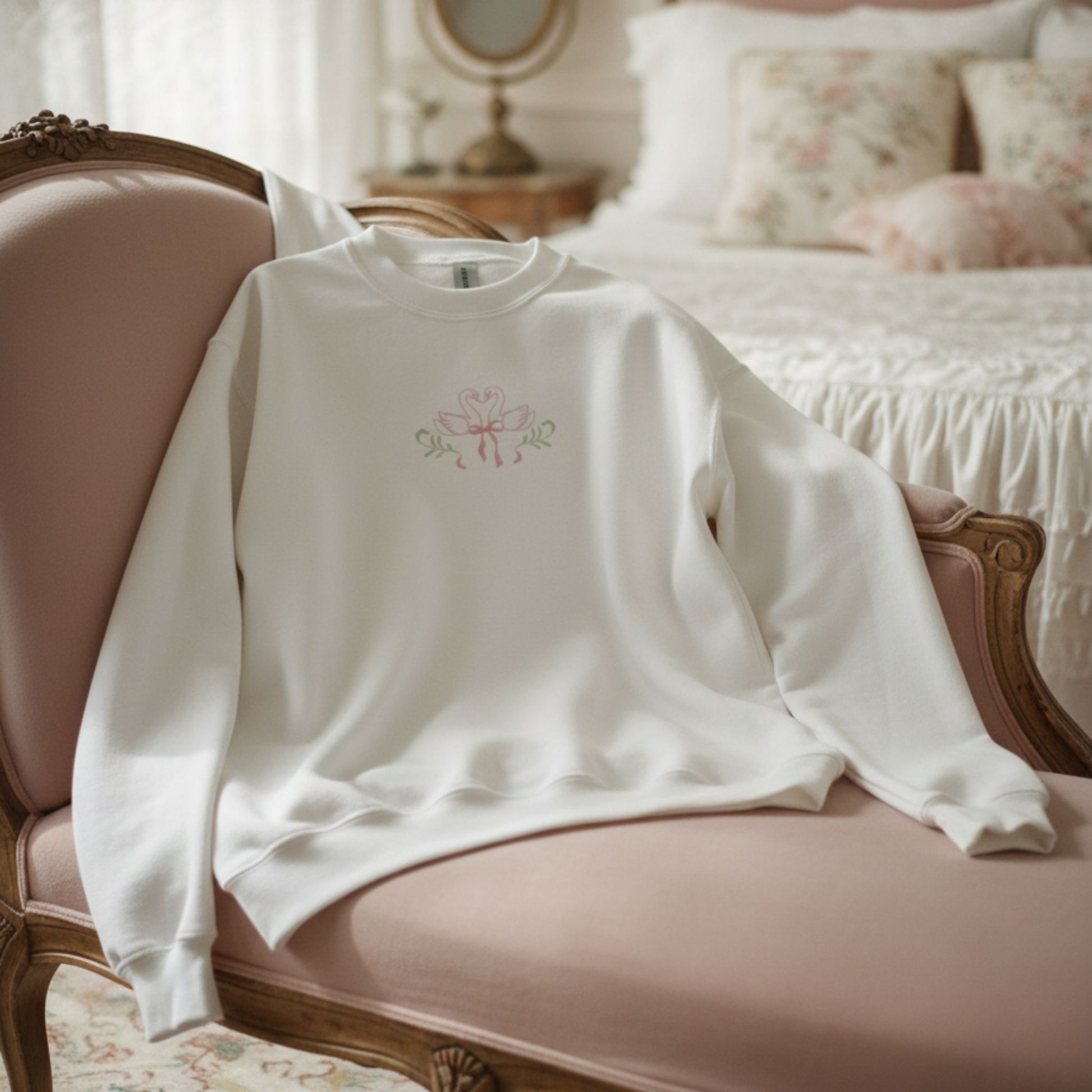 White sweatshirt with floral swan bow embroidery on a pink chair in a bedroom setting