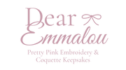 Logo for 'Dear Emmalou' with text 'Pretty Pink Embroidery & Coquette Keepsakes'.