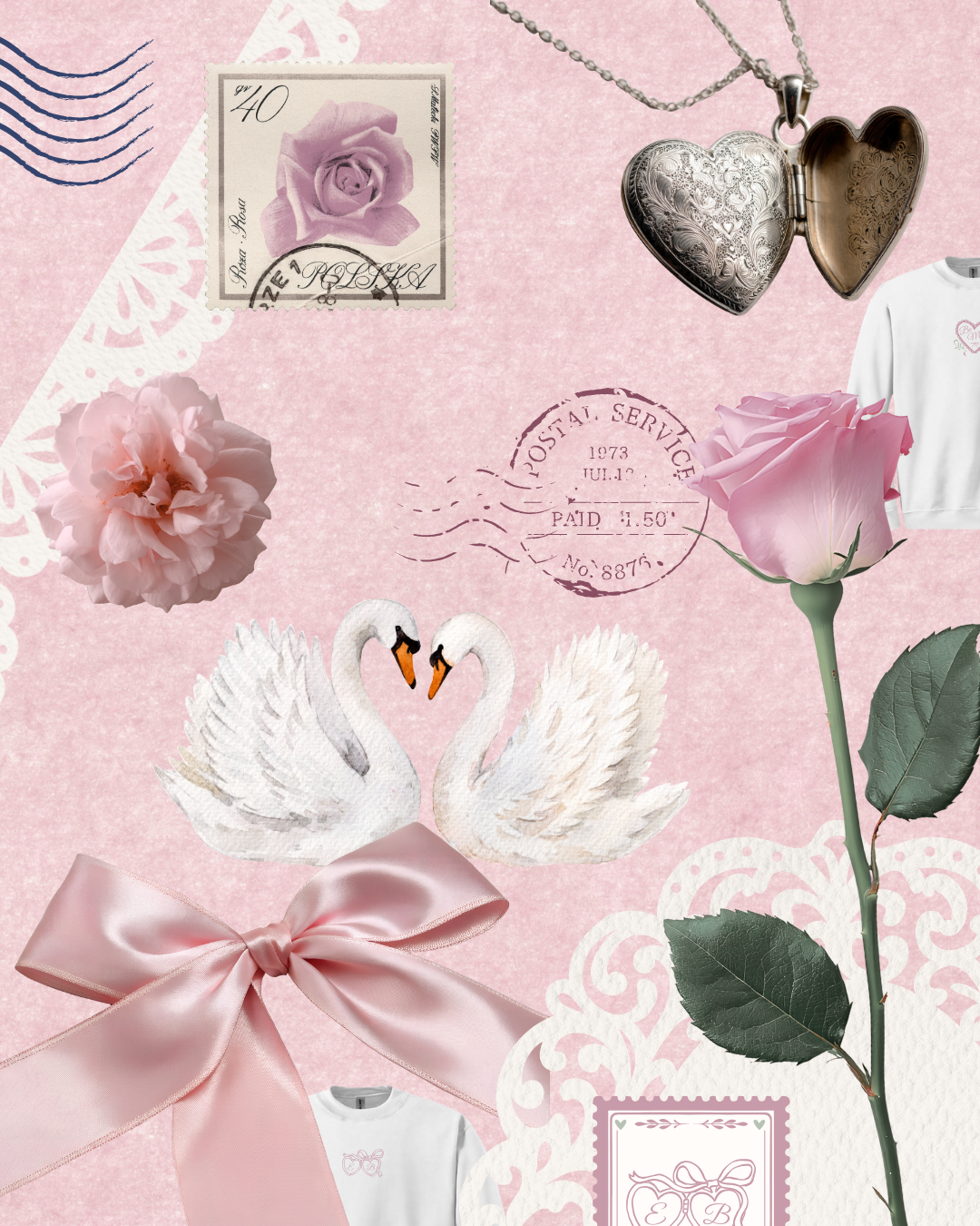 Collage of swans, roses, a heart-shaped locket, and a bow on a pink background with vintage stamps.